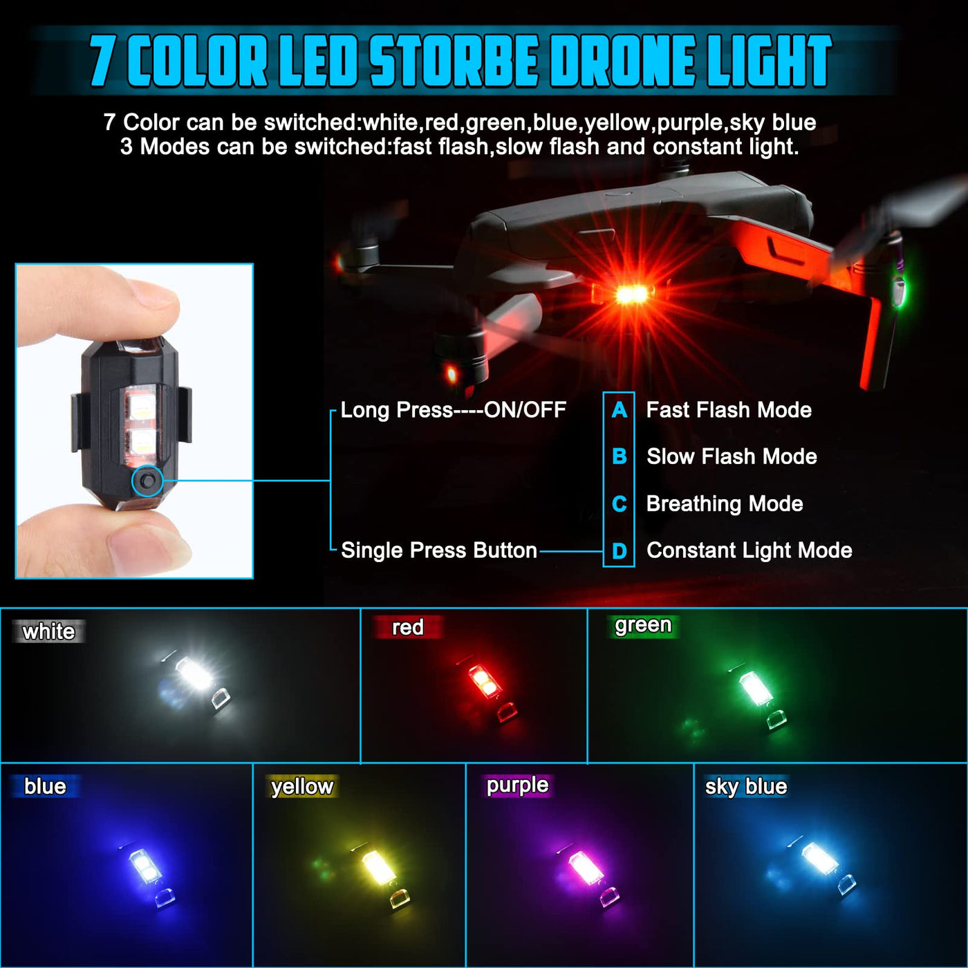 4 Pcs Wireless LED Strobe Lights with Remote Control, 8 Colors USB Charing Waterproof Anti-Collision Led Emergency Warning Lights for Car Motorcycle Drone Aircraft Bike